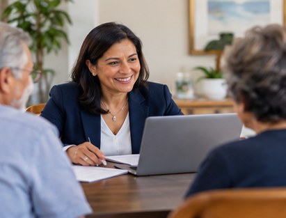 A community director meeting with a couple at a table