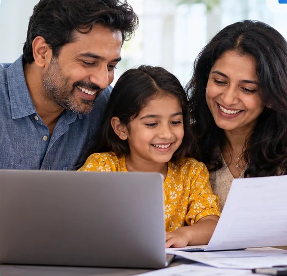 Parents and their daughter looking at a laptop together
